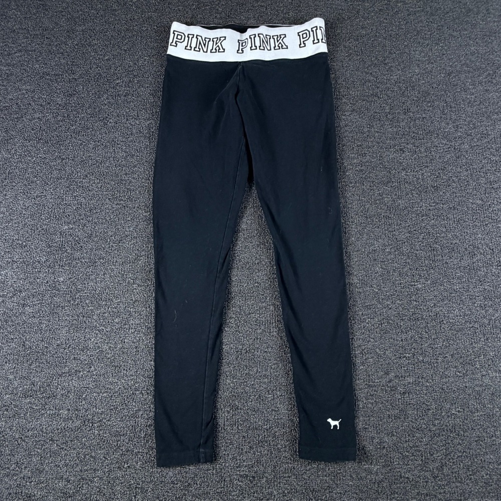 PINK Victoria's Secret Leggings Womens S Yoga Black Logo Waistband EUC